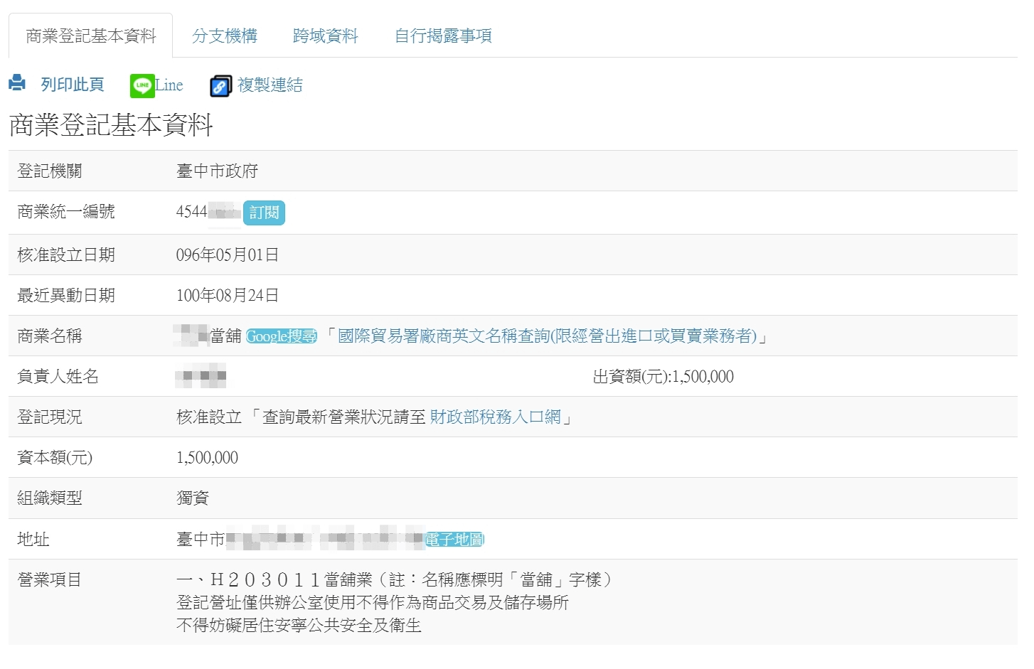 經濟部商業司商工登記查詢結果